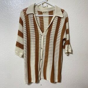 SOLITAIRE Striped Crochet Knit Open Front Collared Cardigan Sweater Top L